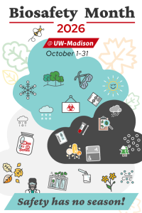 Teal and gray cloud illustration with scientific instrument icons and weather and nature imagery with words that read, "Biosafety Month 2026 - @ UW-Madison | October 1-31 | Safety has no season!"