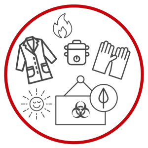 A circle icon with icons inside to show the theme 'hot topics' pertaining to Biosafety month