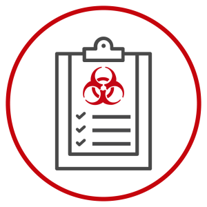 An icon that has a bio safety symbol on a clipboard with a non-descript checklist